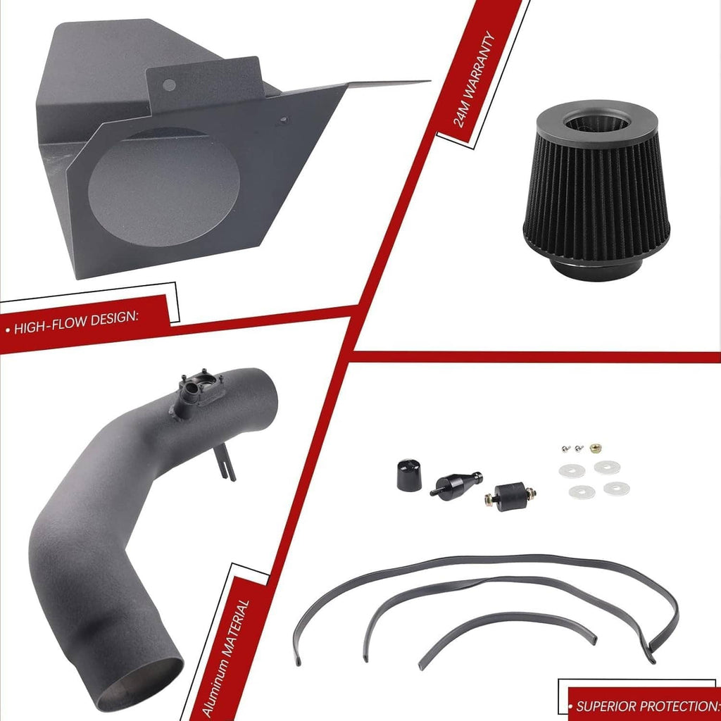 Cold air intake kit parts: airbox panel, black intake pipe, reusable air filter, tubing