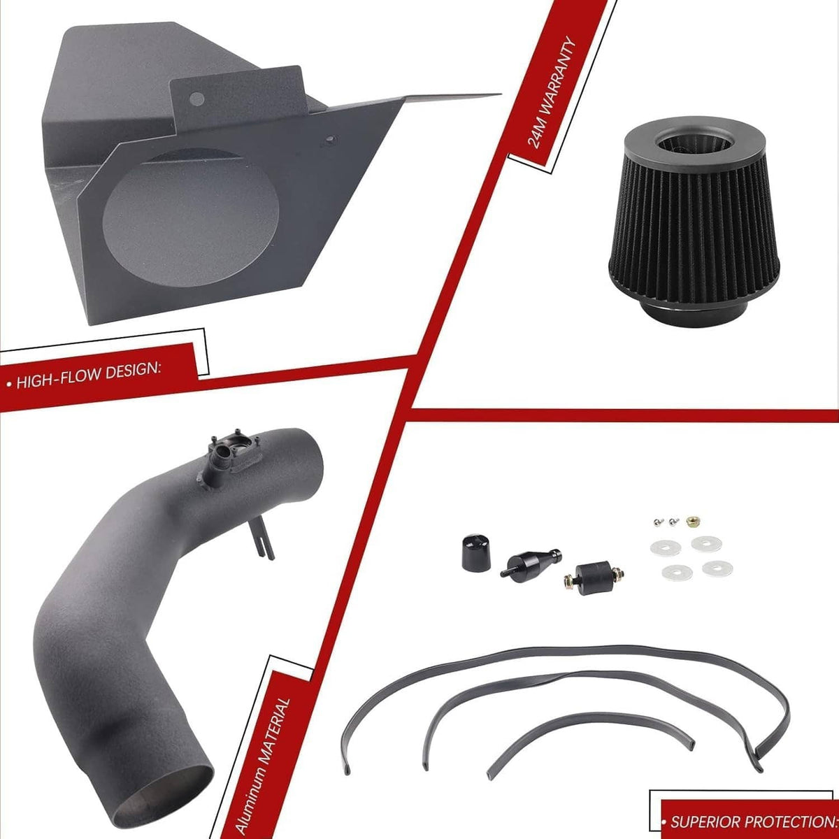 Cold air intake kit parts: airbox panel, black intake pipe, reusable air filter, tubing