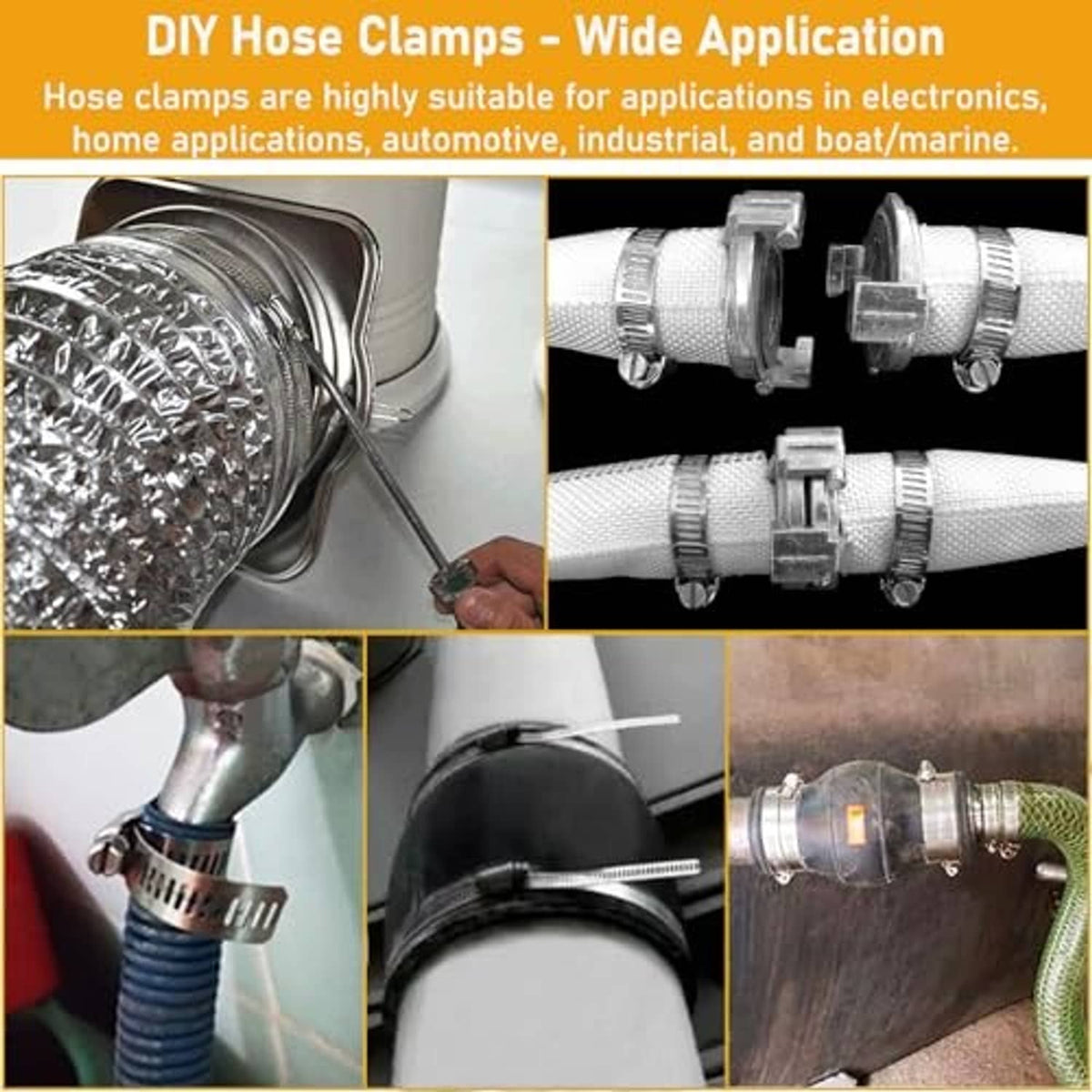 Stainless steel worm gear hose clamps securing a flexible hose and fitting