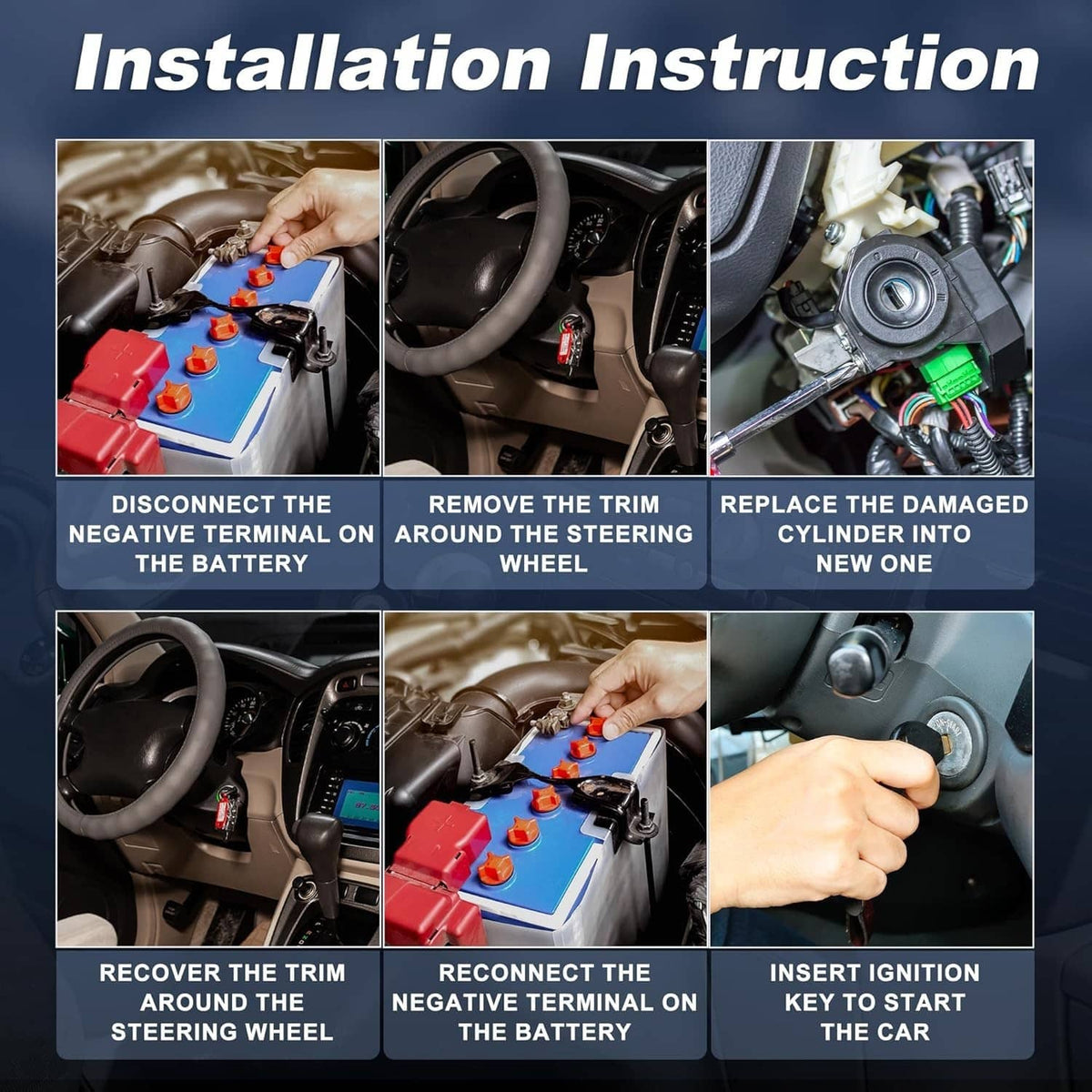 Ignition switch installation steps showing steering column and wiring access