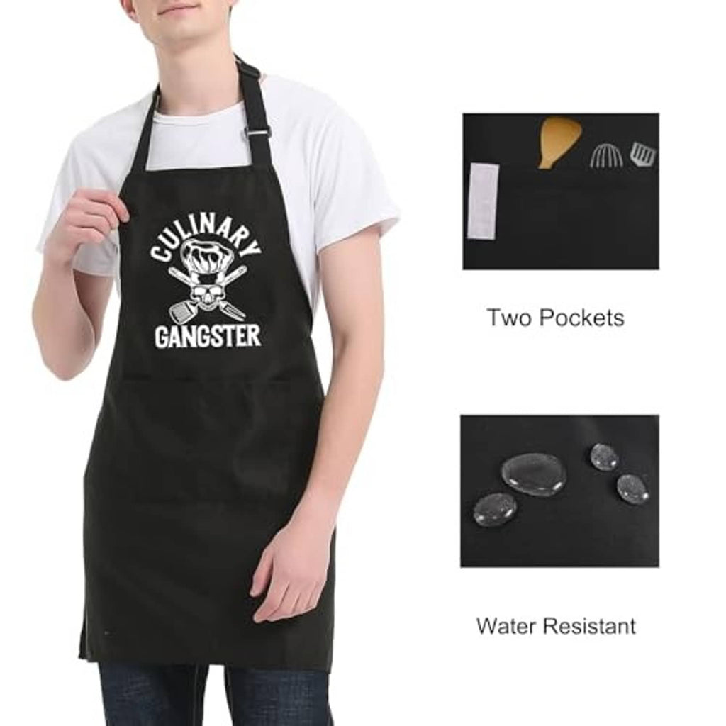Black chef apron with skull-and-utensils print and two front pockets.