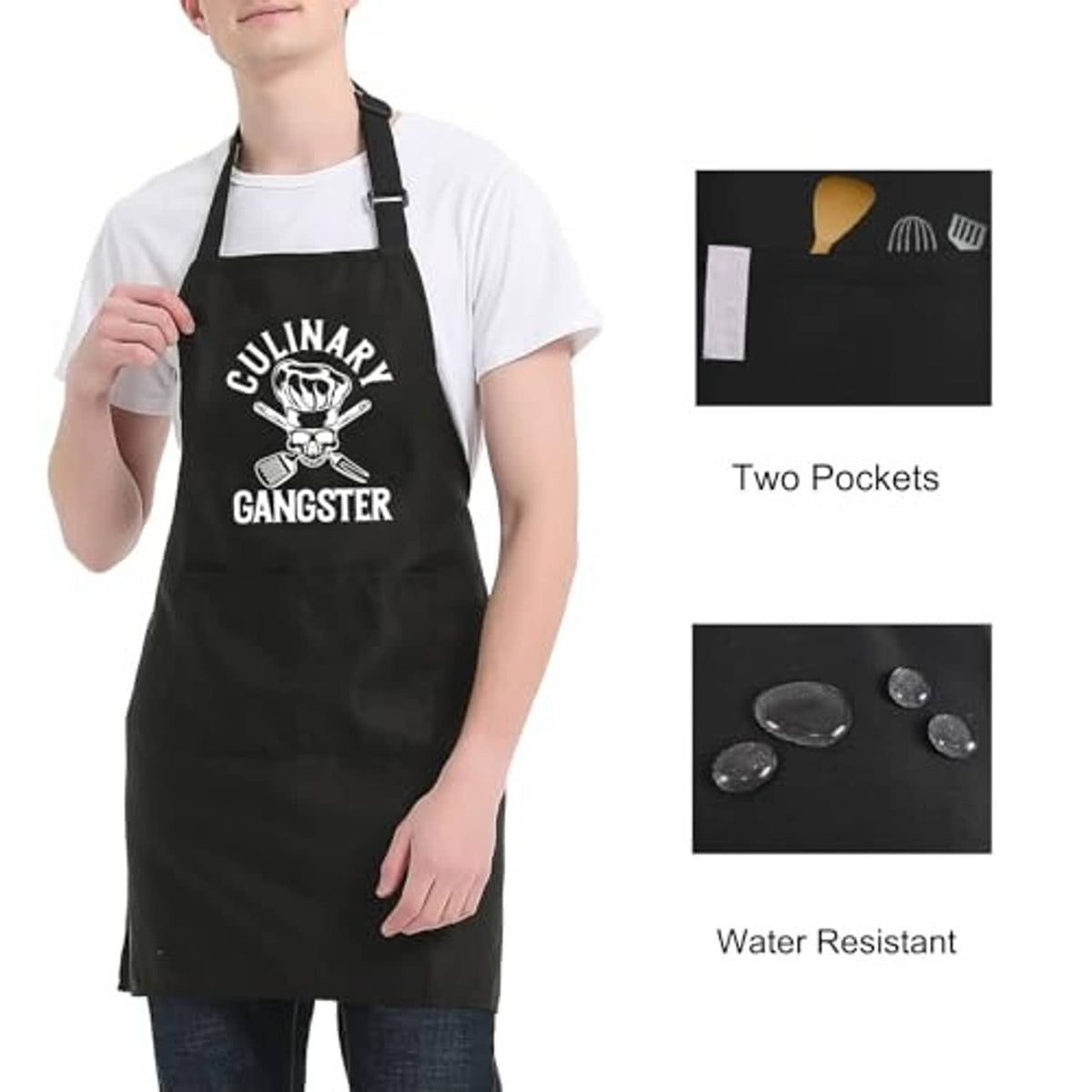 Black chef apron with skull-and-utensils print and two front pockets.