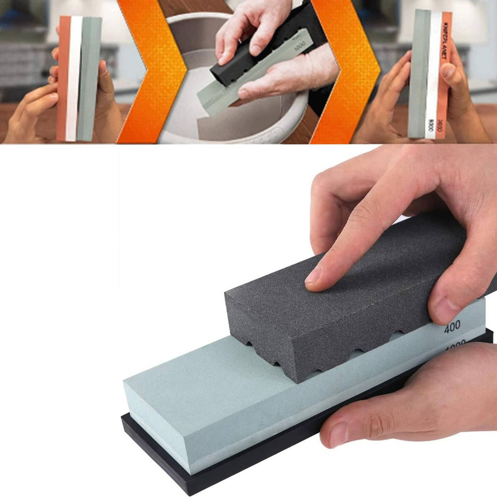 Black grooved whetstone placed on a sharpening stone for use