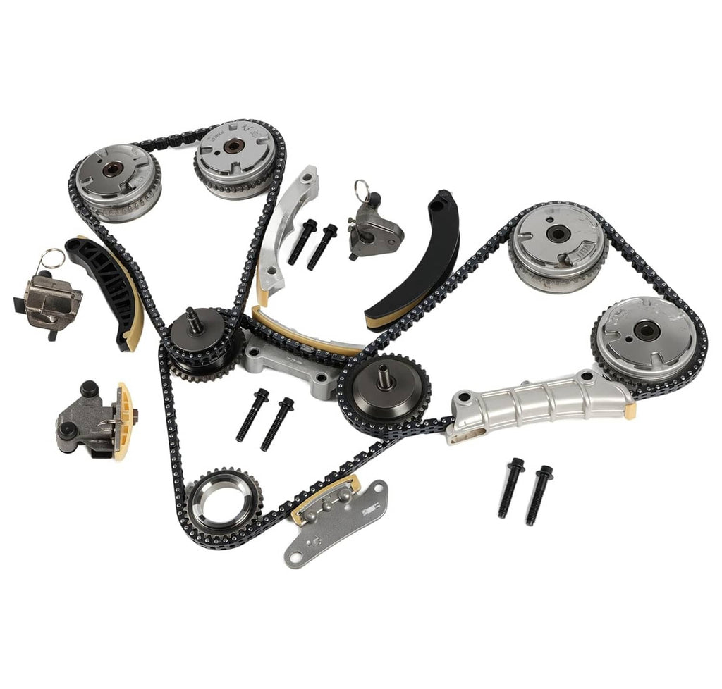 Timing chain kit with cam phaser gears, chain, brackets, and fasteners