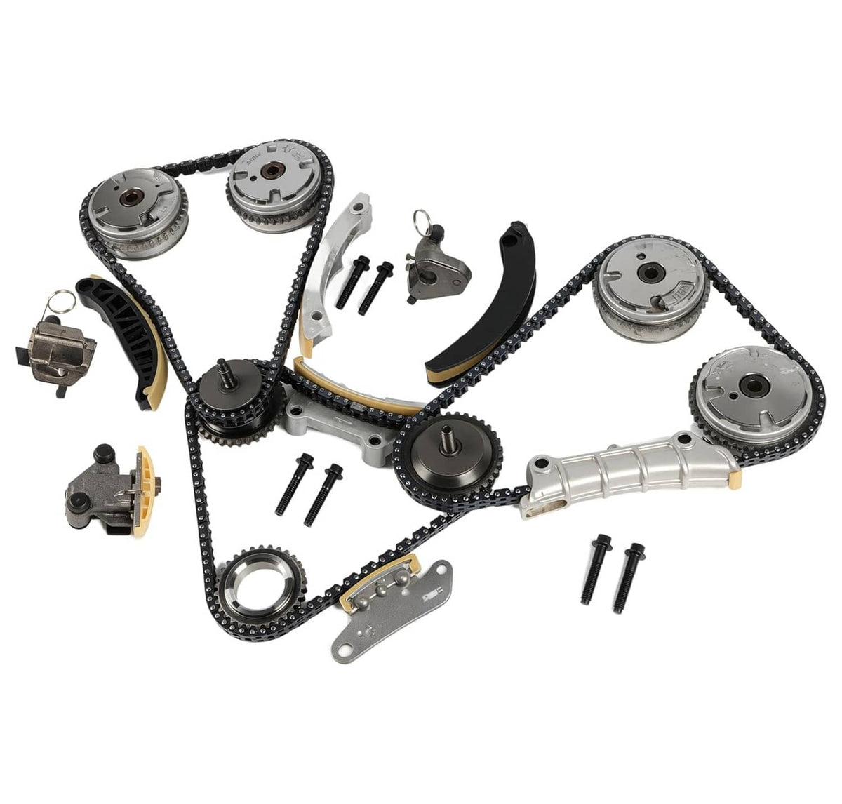Timing chain kit with cam phaser gears, chain, brackets, and fasteners