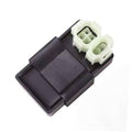 Black CDI ignition box with two white electrical connector plugs close-up