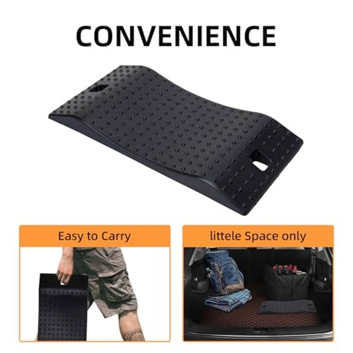 Black rubber wheel ramp on convenience graphic showing easy carry and storage