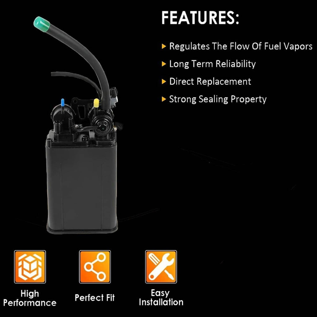 Fuel vapor canister with black canister and green-tipped hose connection