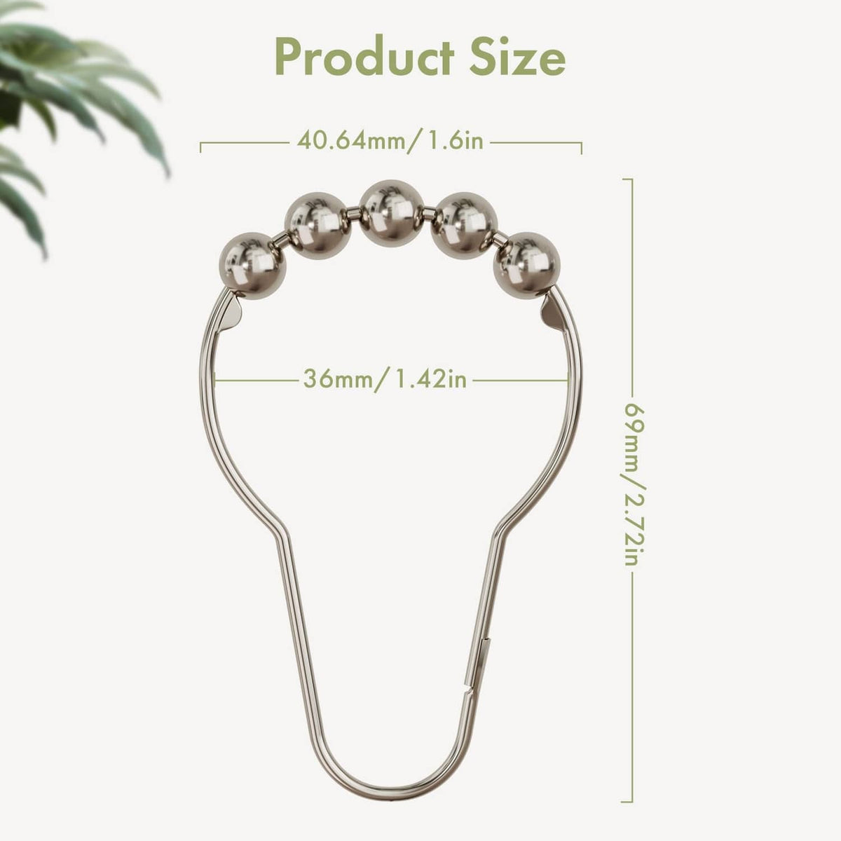 Polished nickel shower curtain hook set, round-bead top and long U hook shape