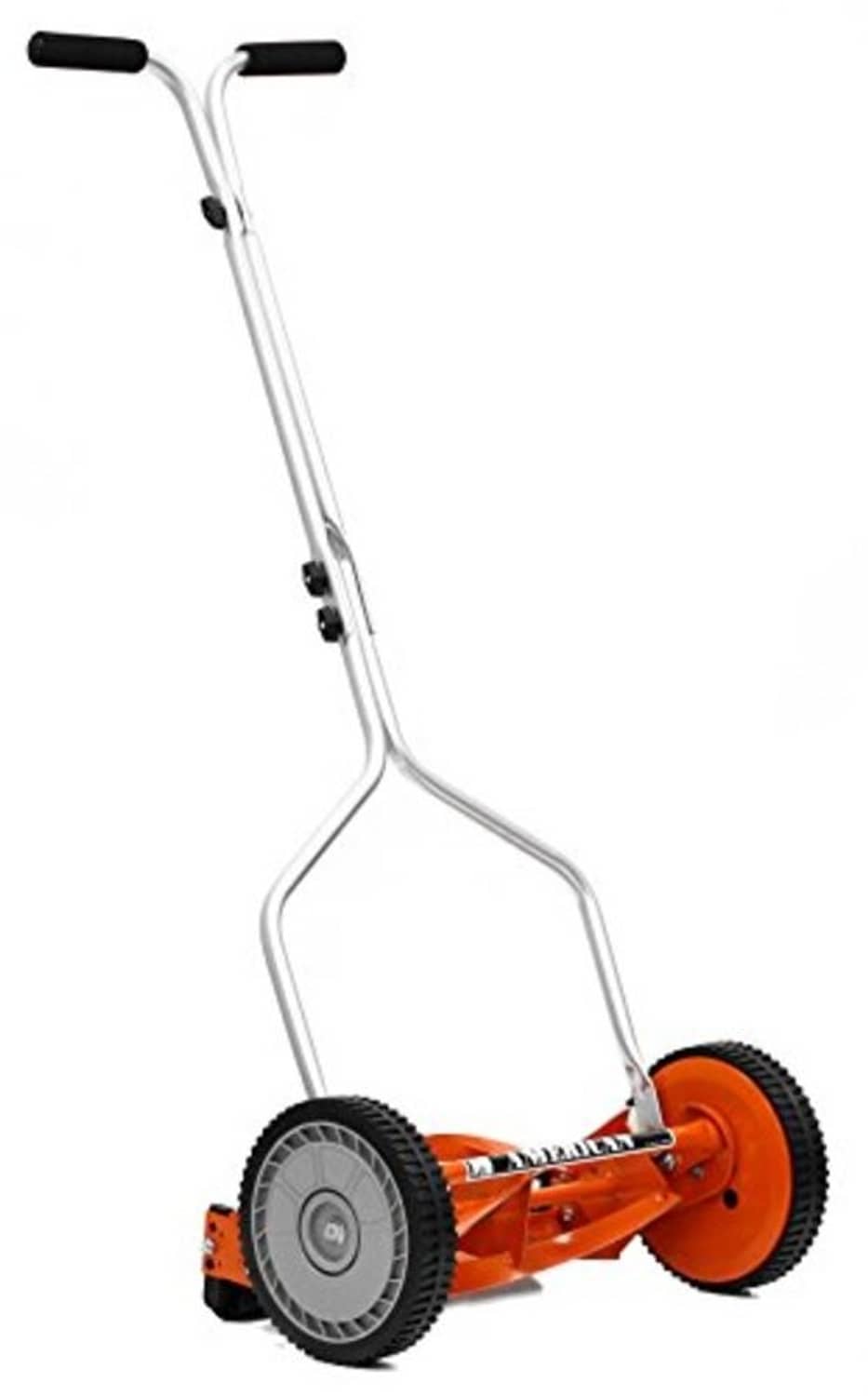 Red push reel lawn mower with extended silver handle and orange deck