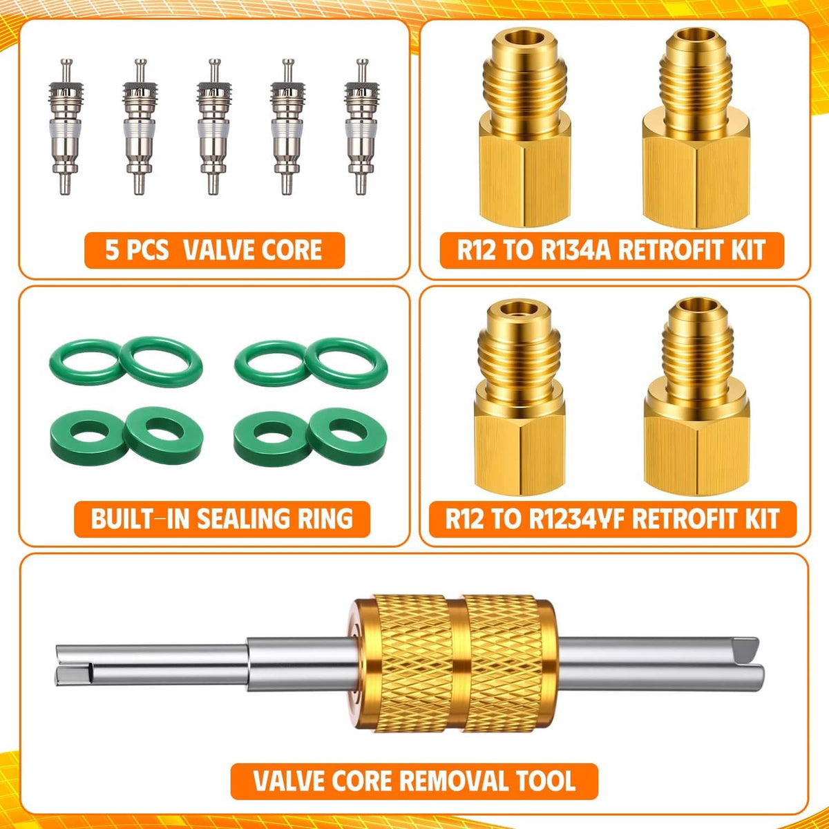Refrigerant adapter kit with 5 valve cores, sealing o-rings, and removal tool