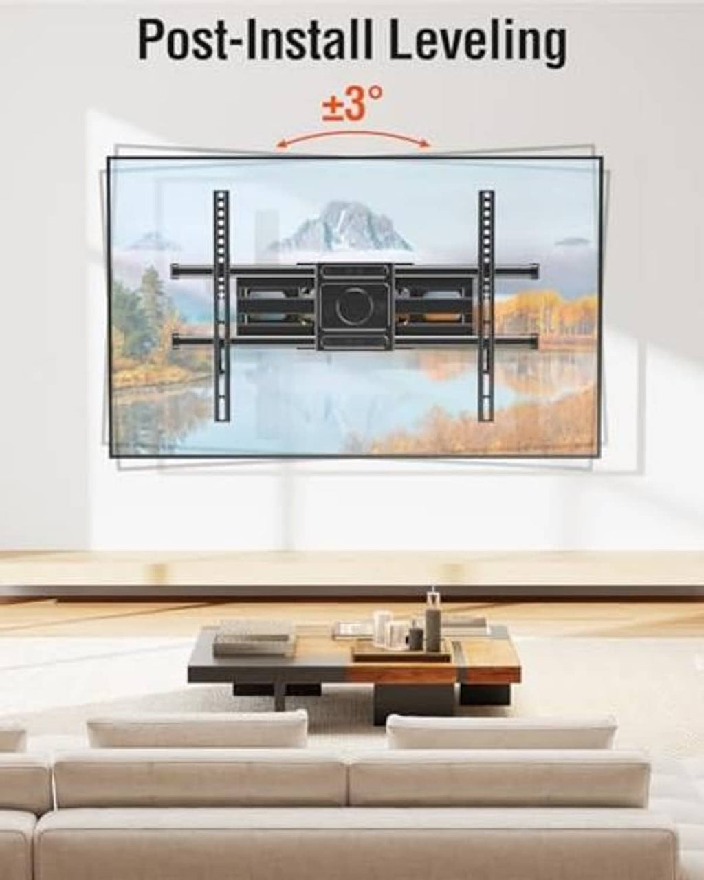 TV wall mount with adjustable leveling feature, level rails on wall-mounted setup