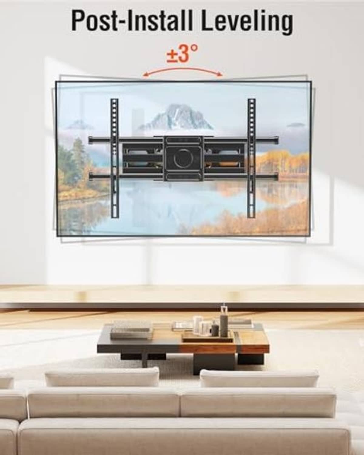 TV wall mount with adjustable leveling feature, level rails on wall-mounted setup