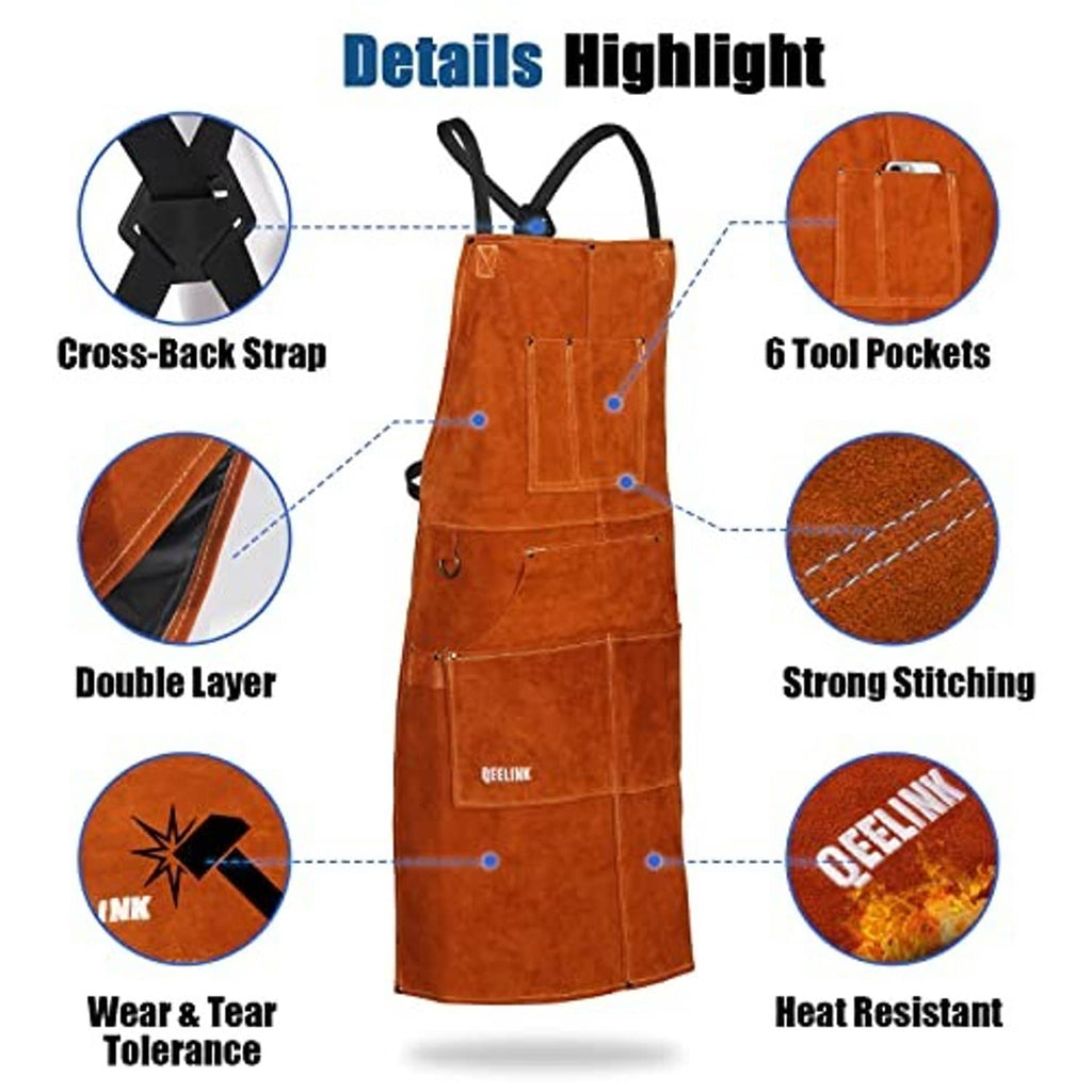 Brown leather welding apron front view with cross-back straps and six pockets