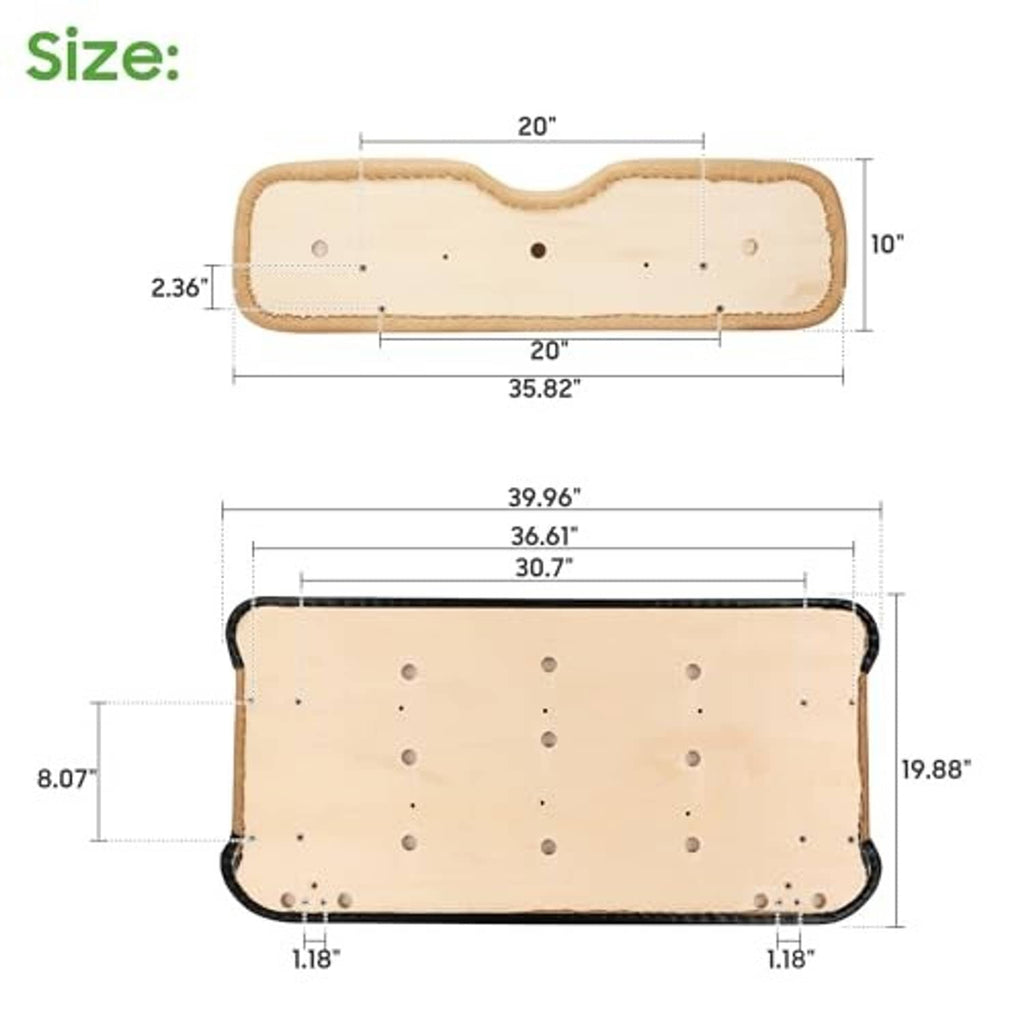 Tan golf cart seat cushion size diagram with mounting hole layout