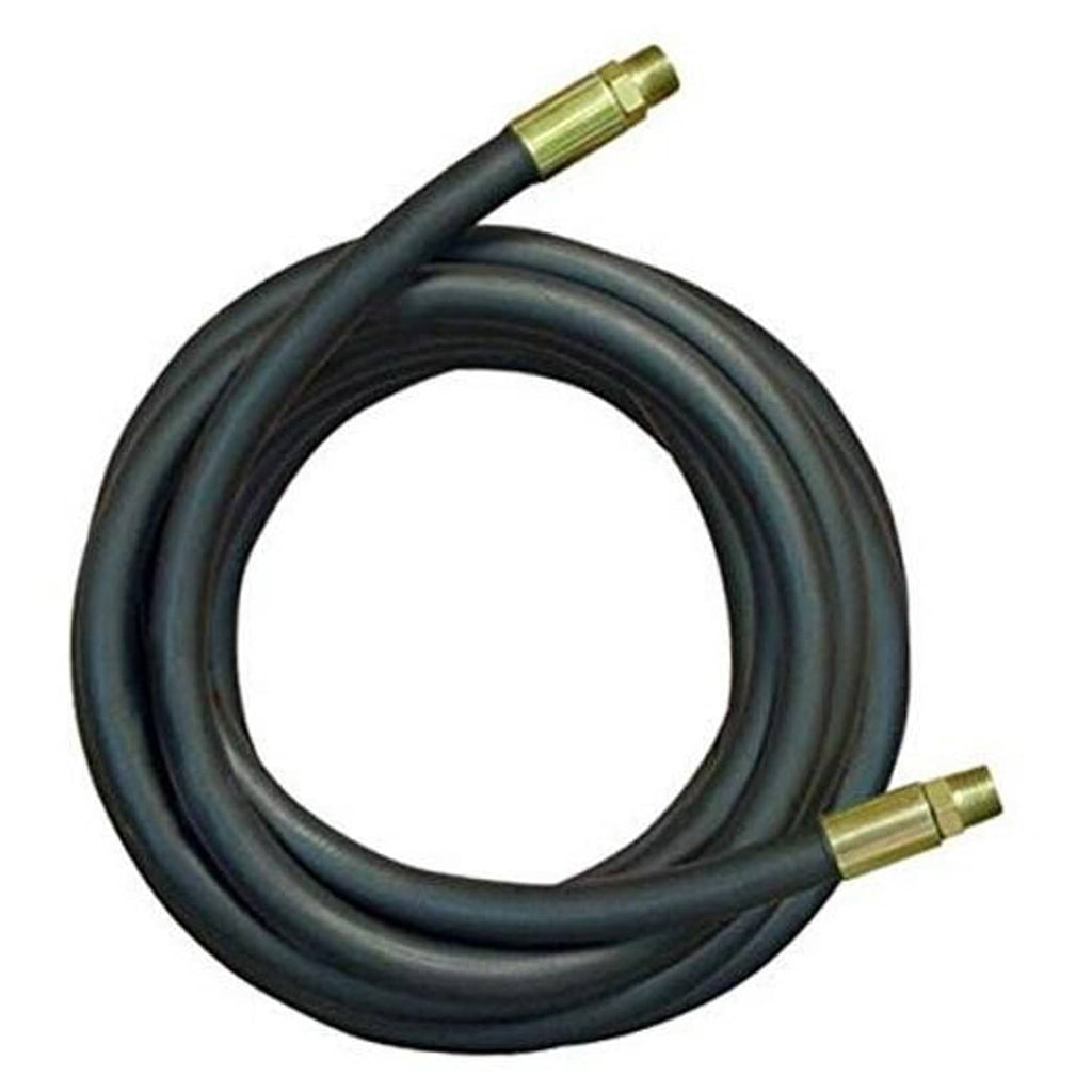 Coiled black hydraulic hose with brass male-to-male fittings