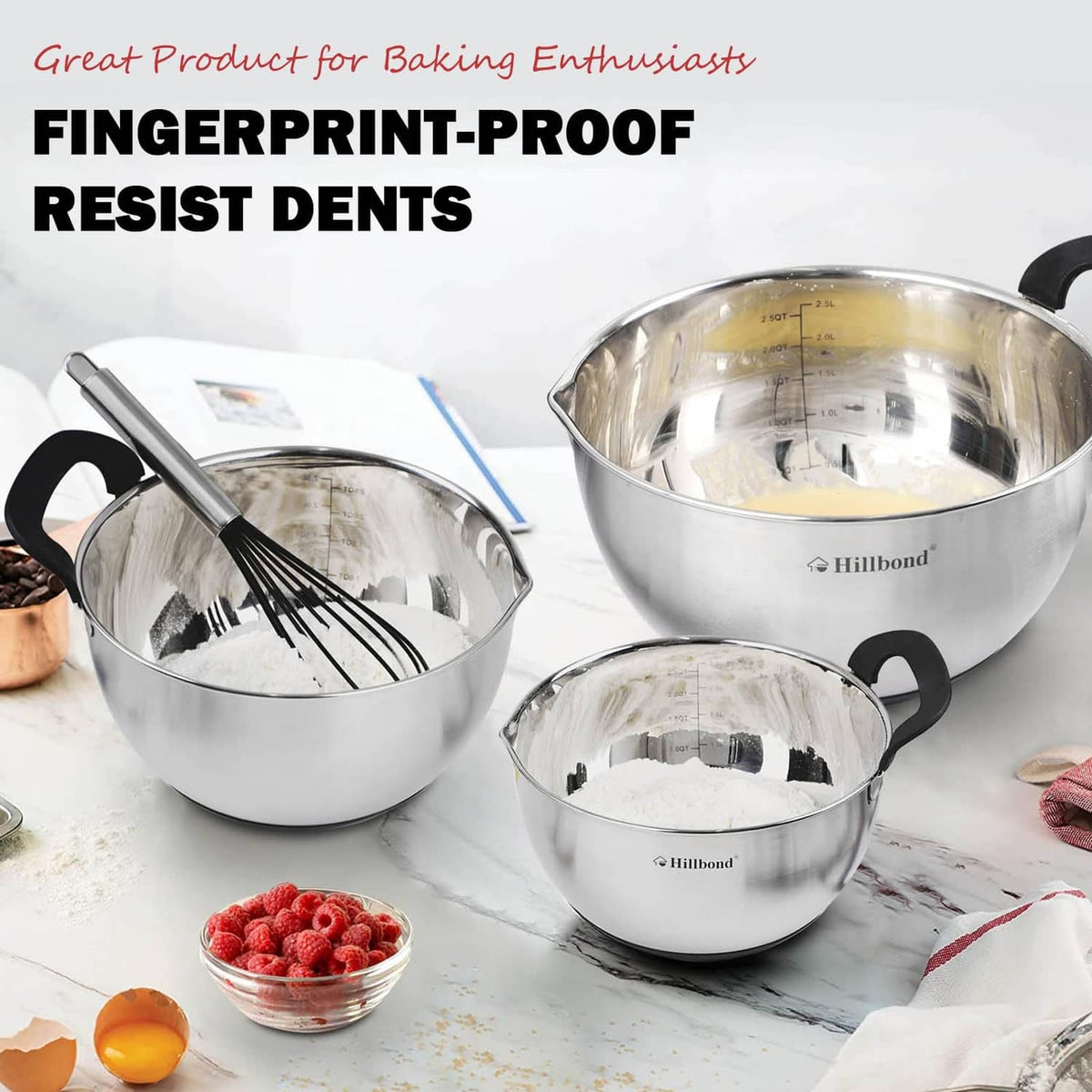 Fingerprint-resistant stainless steel mixing bowls set with black handles and lids
