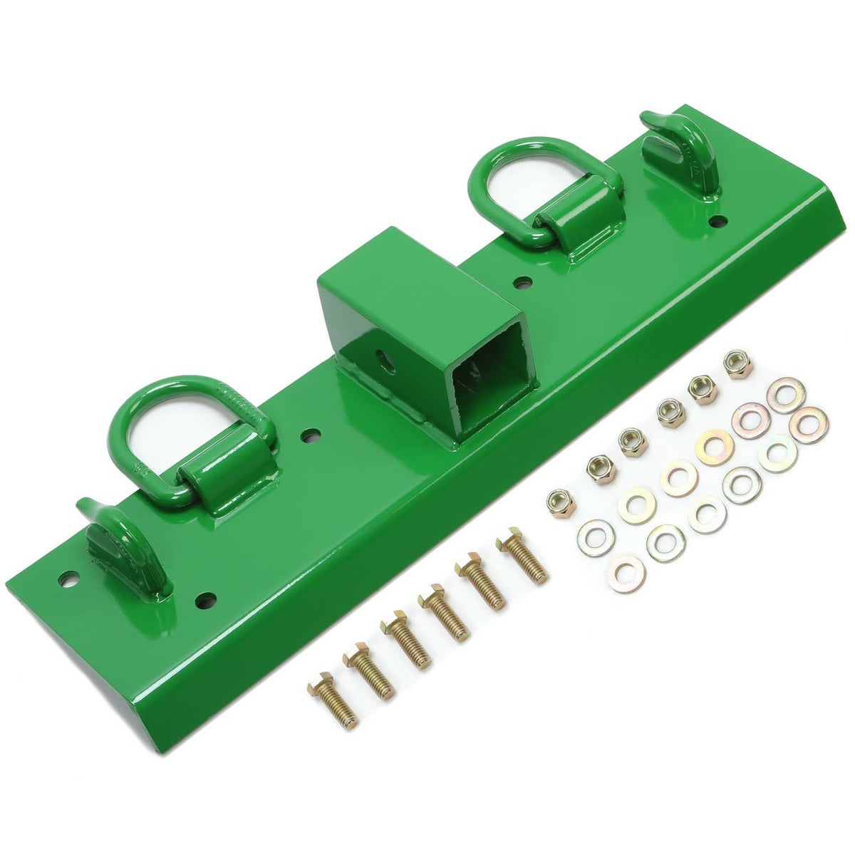 Green receiver D-ring grab hook mounting plate with hardware bolts and washers