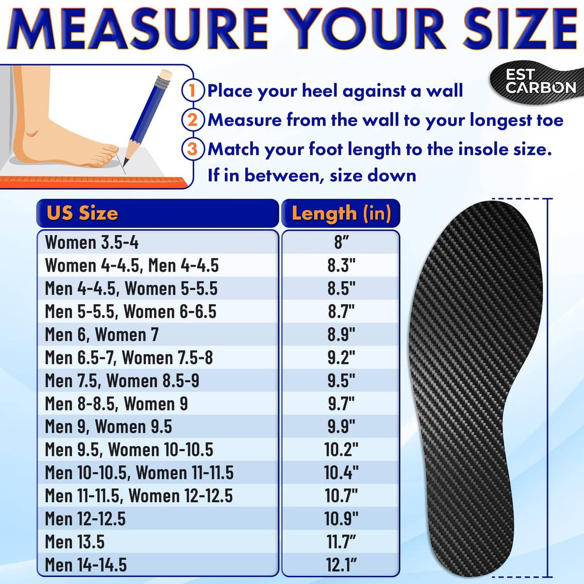 Carbon fiber insole size guide with black outline and length markings.