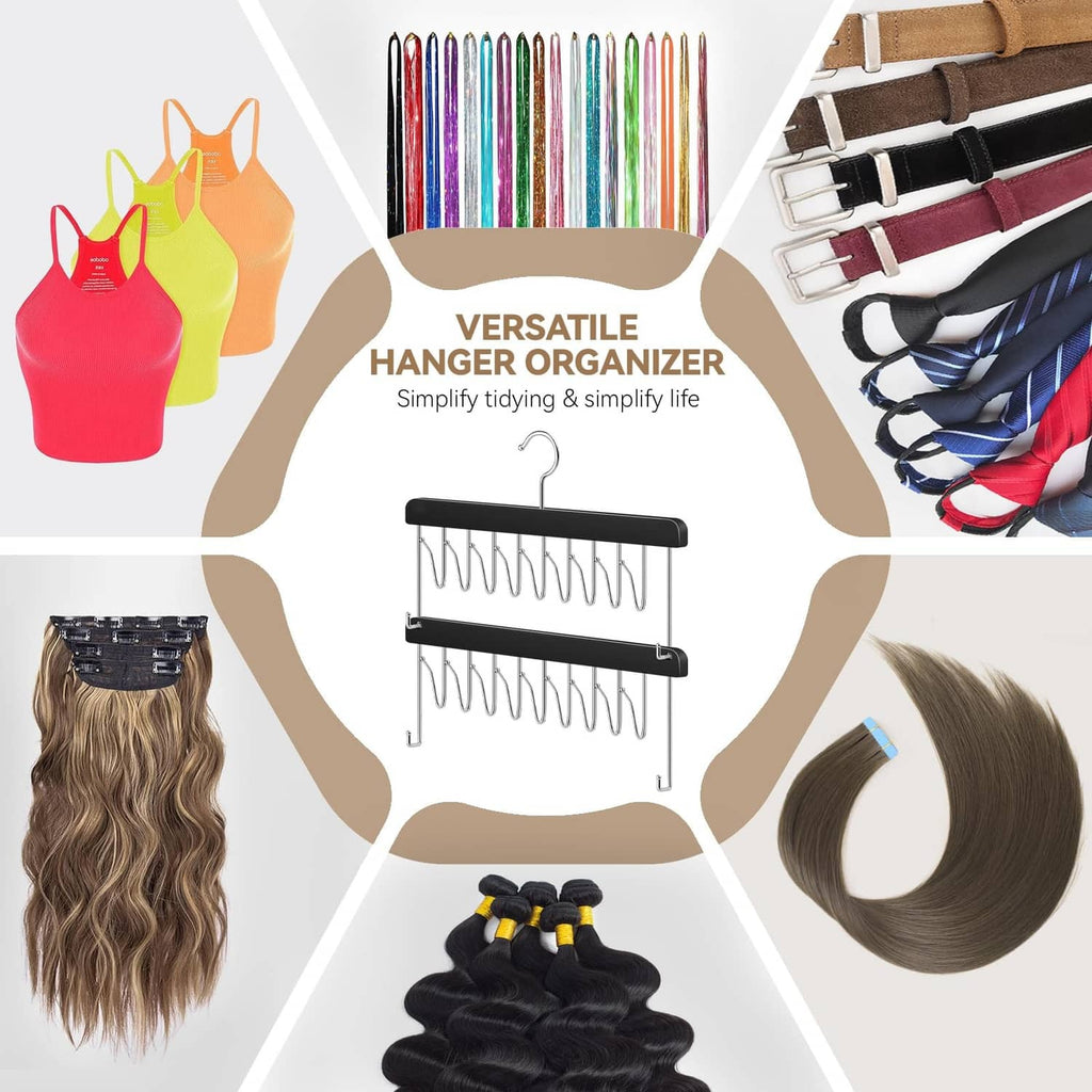 Black hair extension hanger organizer holding colorful and neutral extension pieces