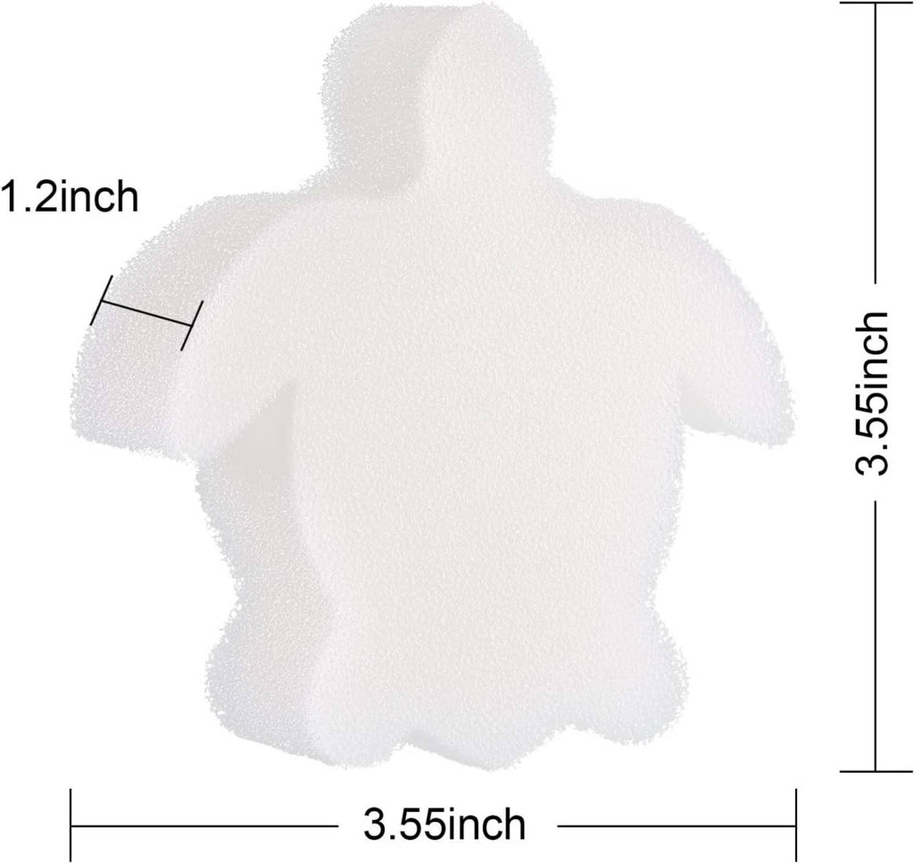 White turtle-shaped foam sponge with size markings on a flat layout