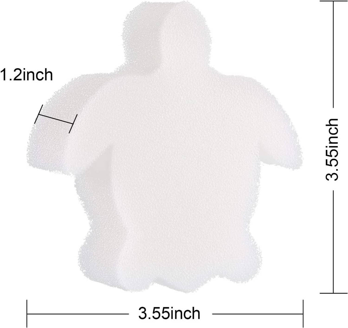 White turtle-shaped foam sponge with size markings on a flat layout