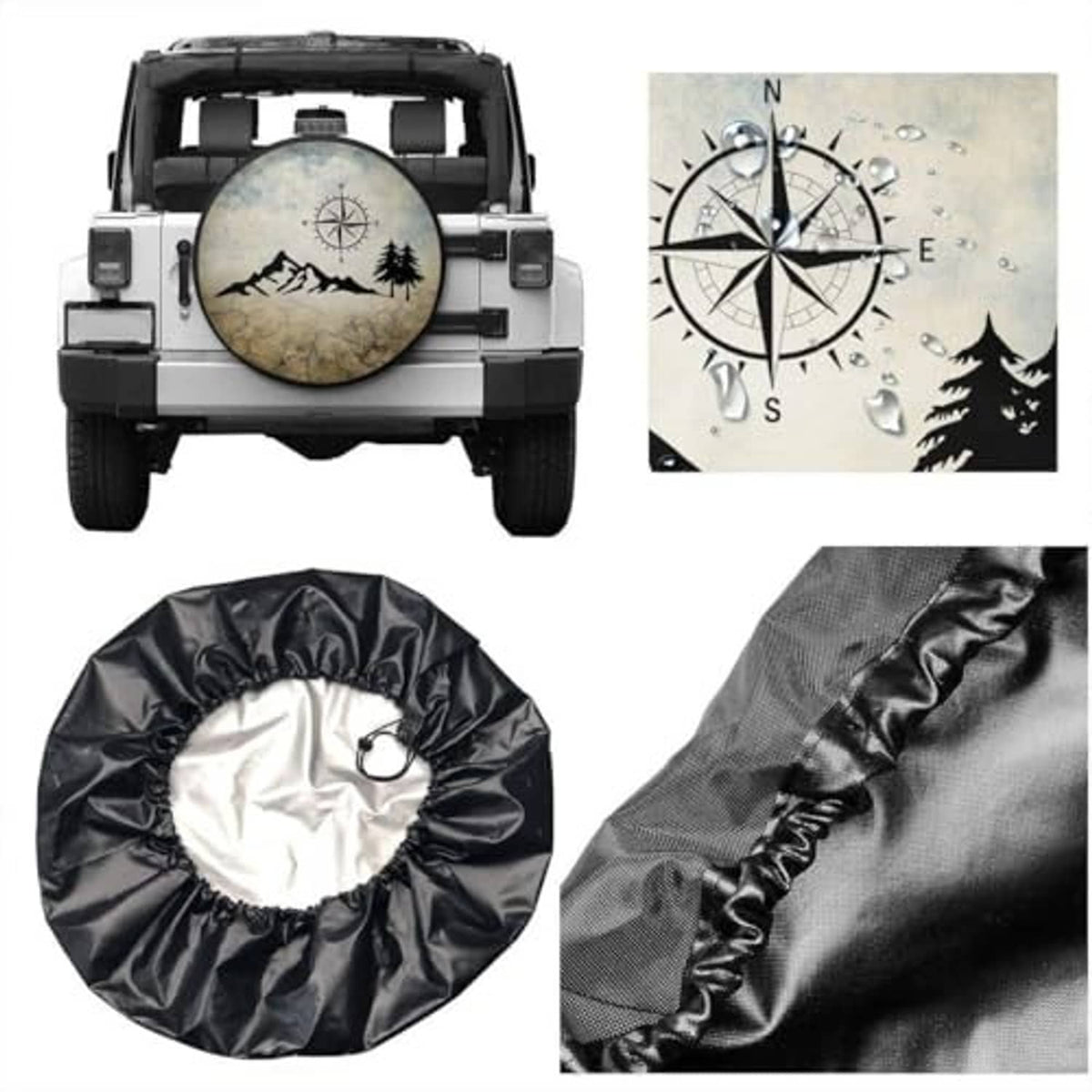 Spare tire cover set: compass design on SUV plus black fabric cover closeups.