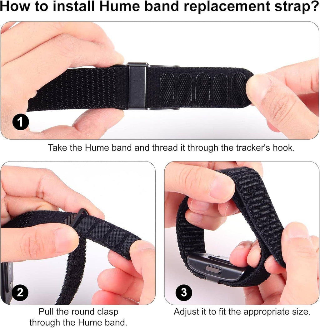 Black nylon wrist strap with gray clasp shown threading through a tracker hook