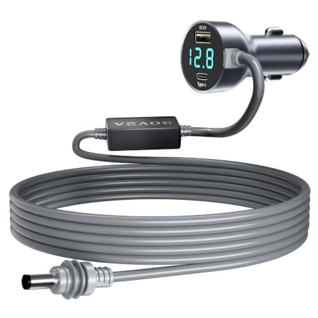 Coiled car charger cable with 12–24V cigarette-lighter plug and display voltage readout