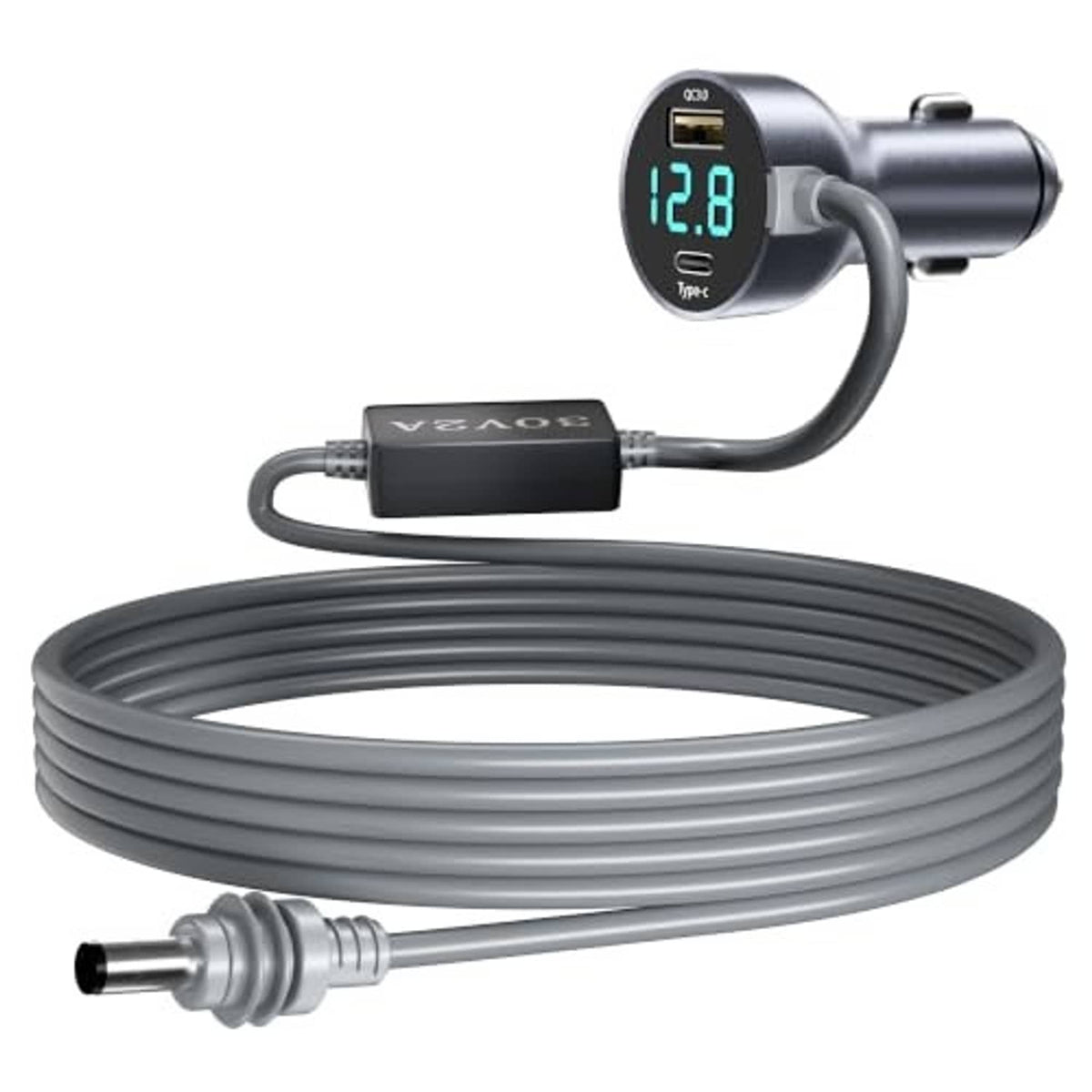 Coiled car charger cable with 12–24V cigarette-lighter plug and display voltage readout