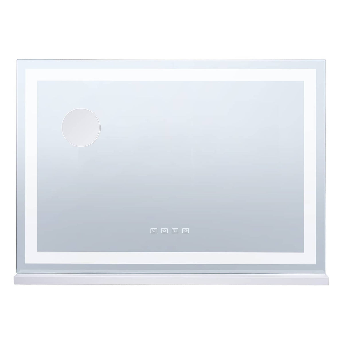 White LED vanity makeup mirror with round button on the left and built-in stand