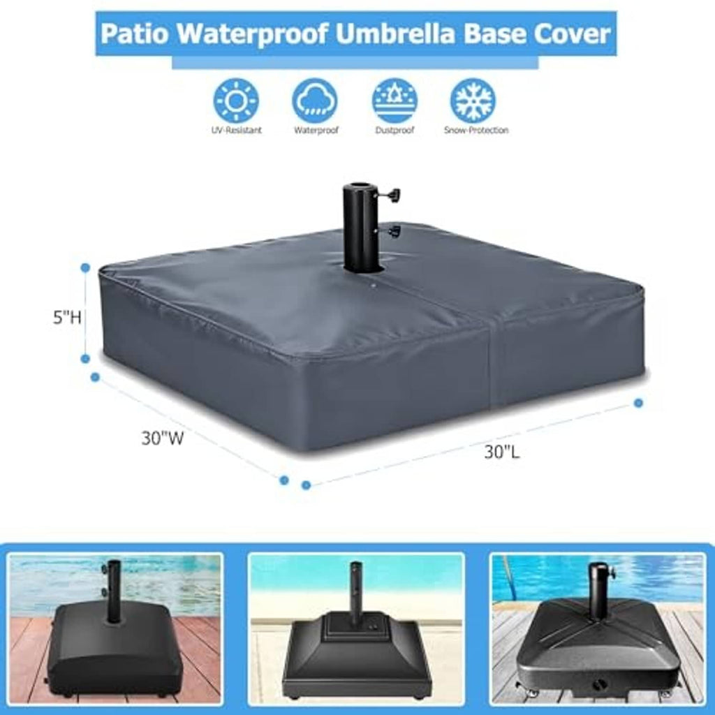 Grey umbrella base cover on umbrella base, shown with size markings and pole opening