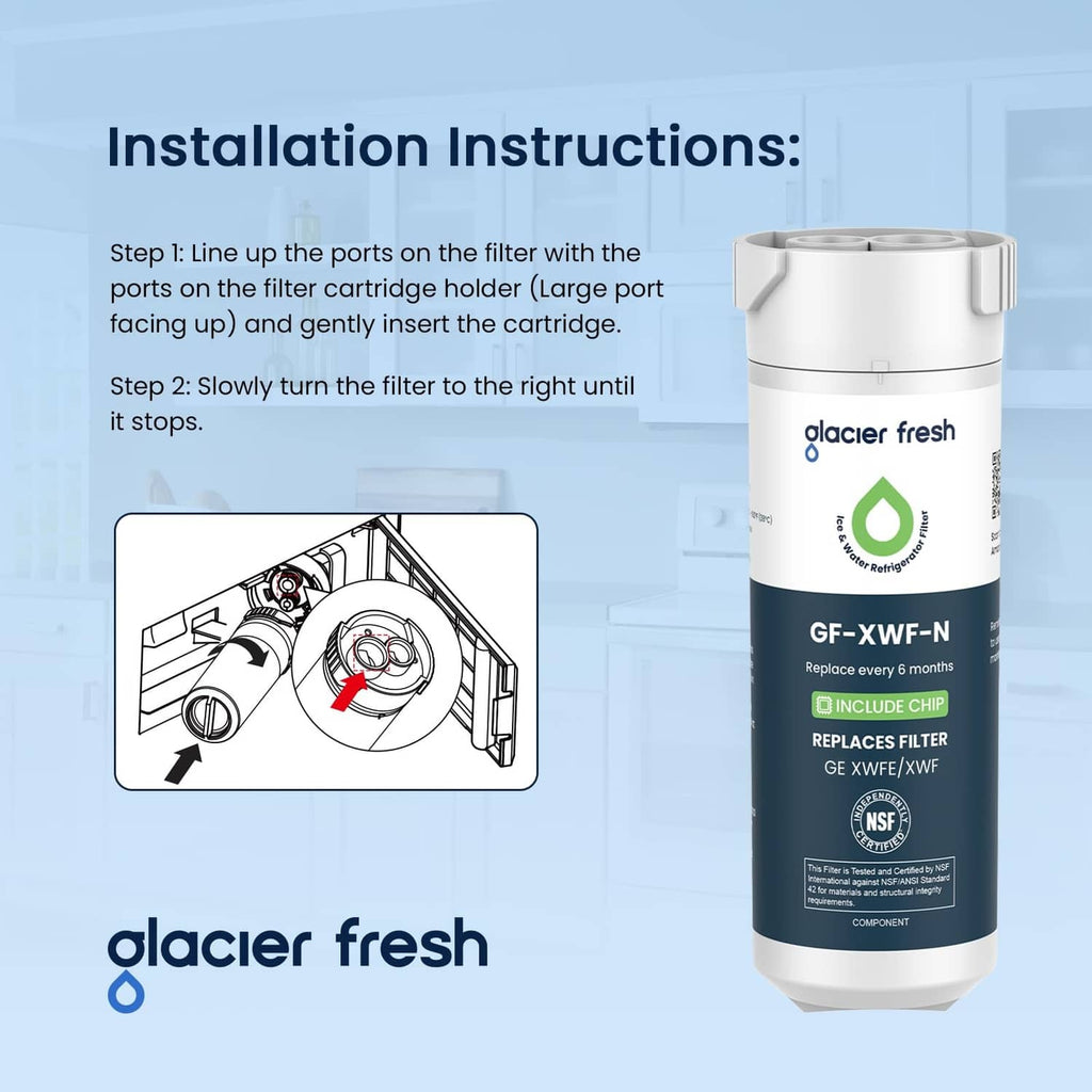 White glacier fresh water filter cartridge with installation steps, GF-XWF-N