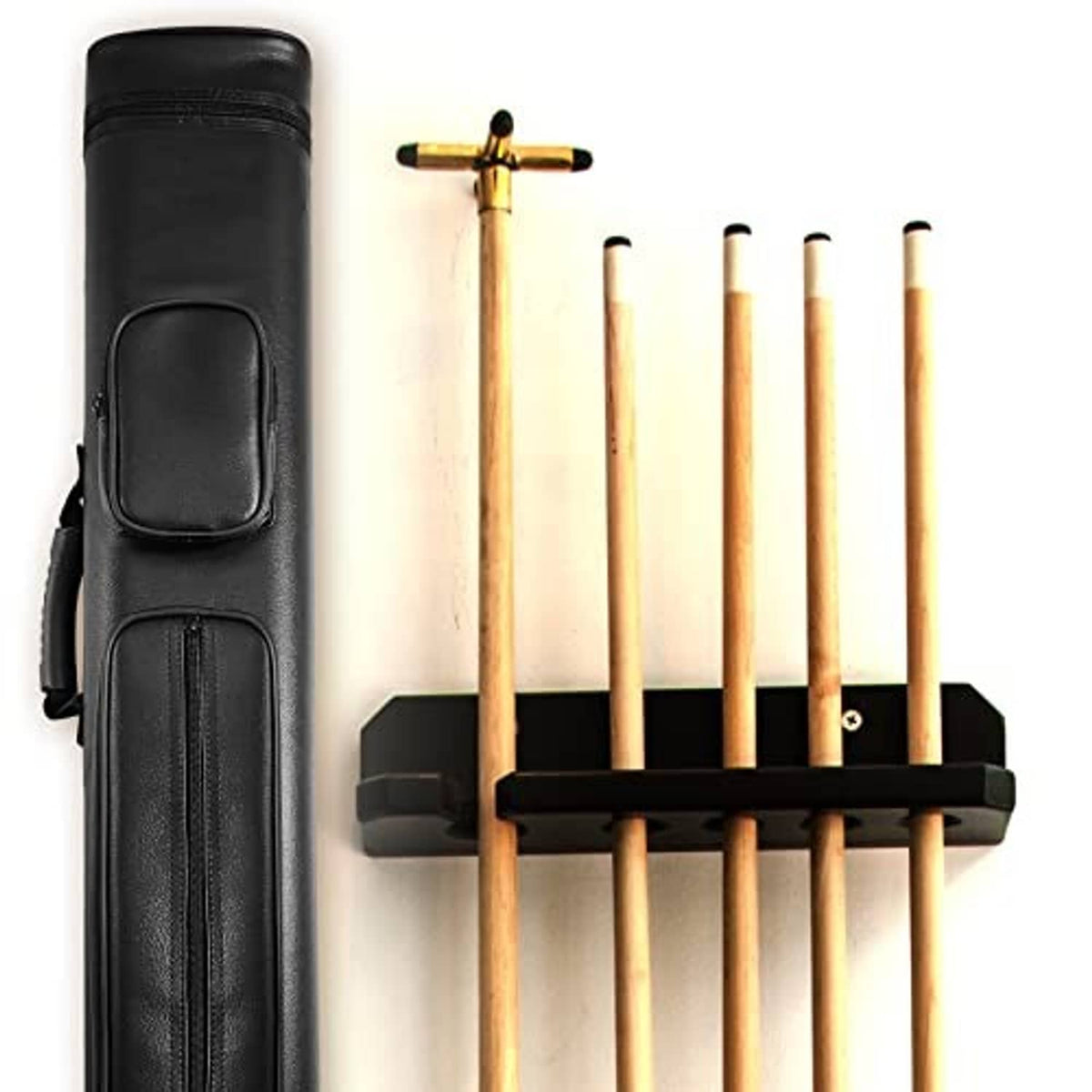 Black hard oval billiard cue case with padded front panel and strap tab
