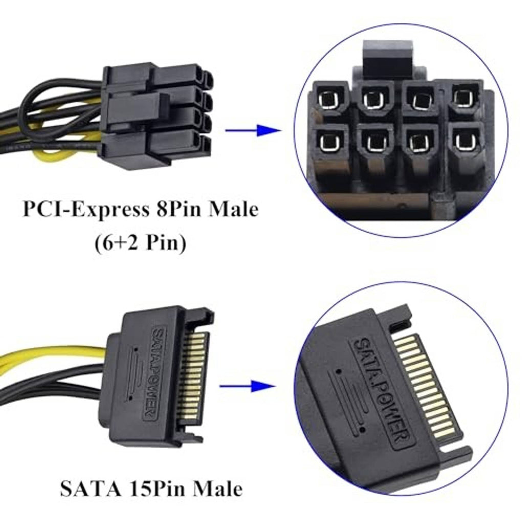 PCIe 8-pin (6+2) male and SATA 15-pin male connector plugs on adapter cable