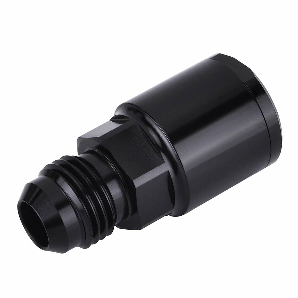 Black AN6 fuel adapter fitting with barbed/stepped hose connection and threads