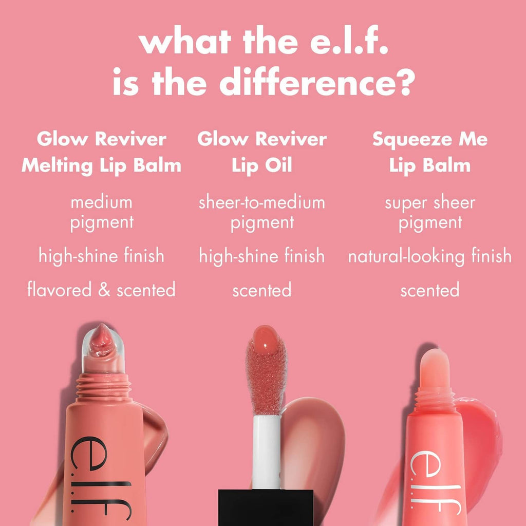 e.l.f. lip balm comparison graphic featuring Glow Reviver Melting Lip Balm tube