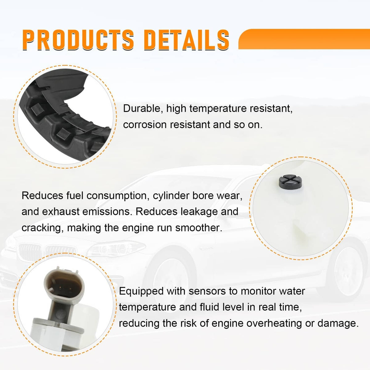 Coolant expansion tank with sensor, shown with black housing and sensor opening detail