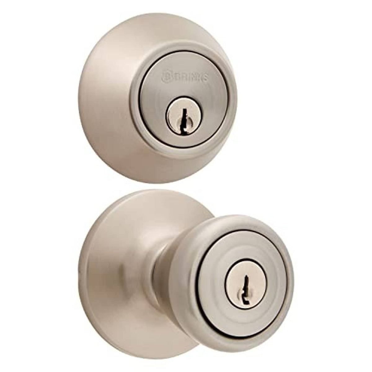 Satin nickel keyed deadbolt and door knob set with round keyhole trim
