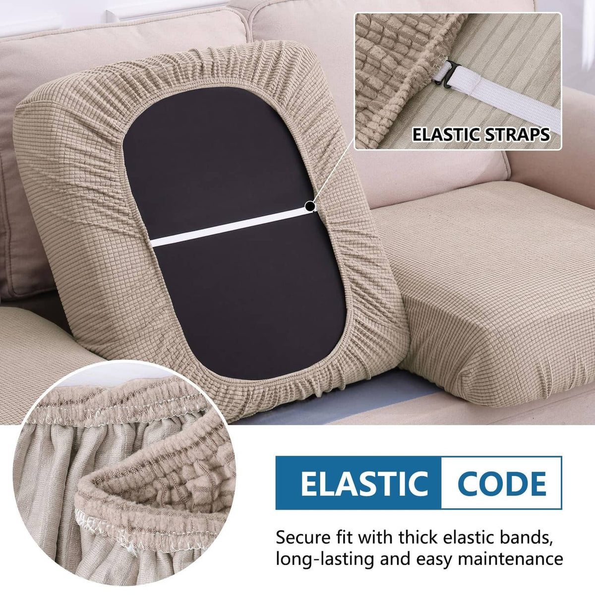 Taupe couch cushion cover with elastic straps and adjustable fit opening