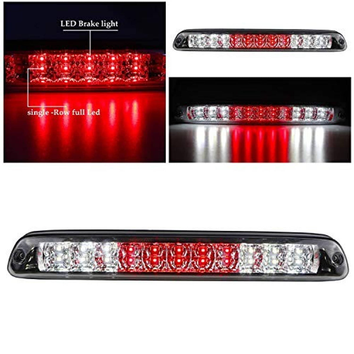 LED third brake light bar, red LED strip behind clear lens in chrome bezel