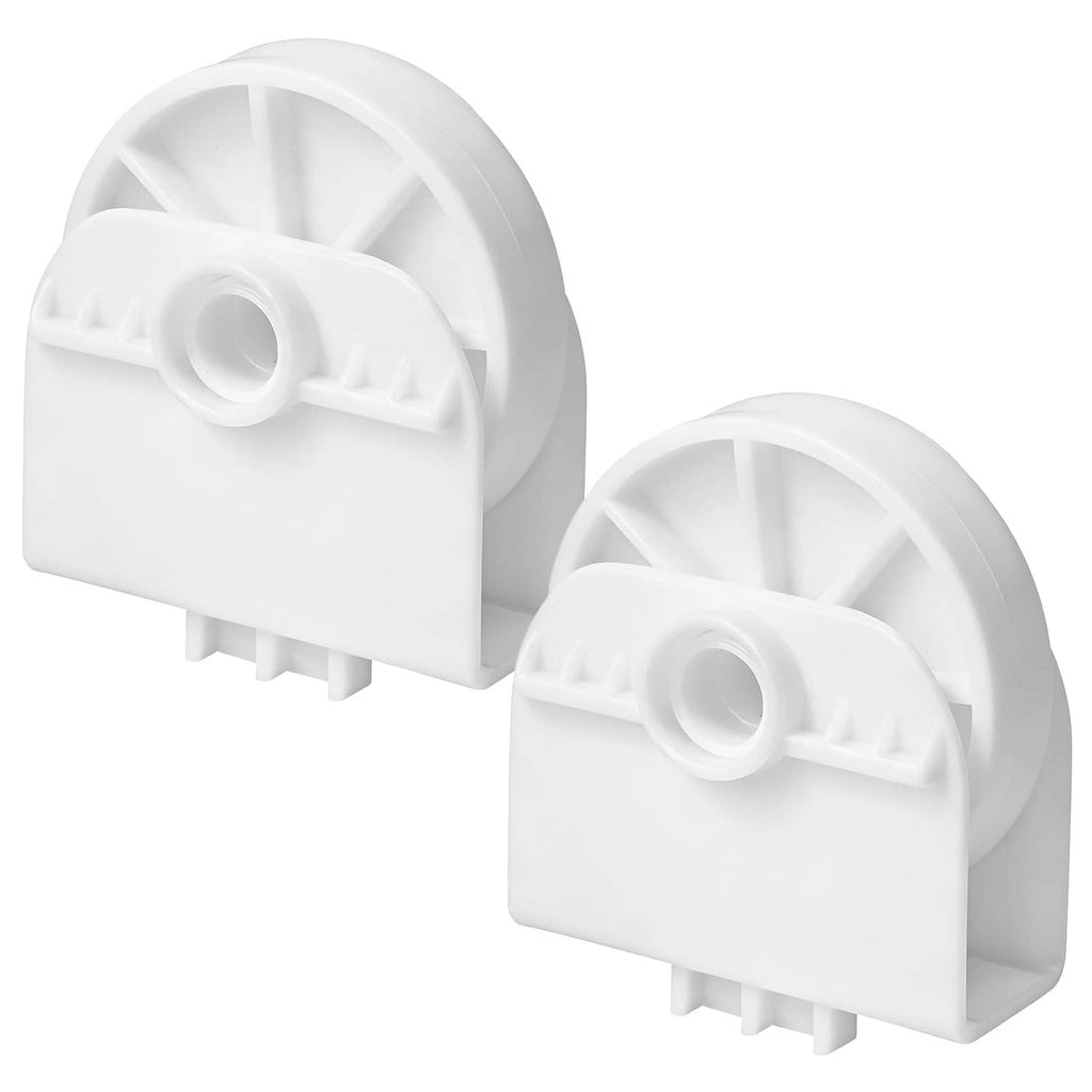 White plastic freezer drawer roller assemblies, two-piece set with mounting clips.