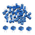 Set of blue top-adjustable multiturn trimmer potentiometers with three-pin leads