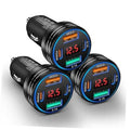 3-pack black car USB-C charger set with blue LED voltage display and 4 ports