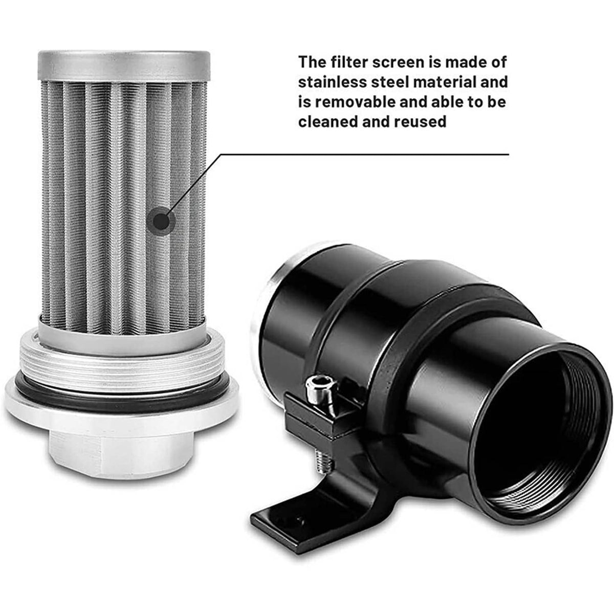 Inline fuel filter with removable screen, black housing and visible stainless filter element