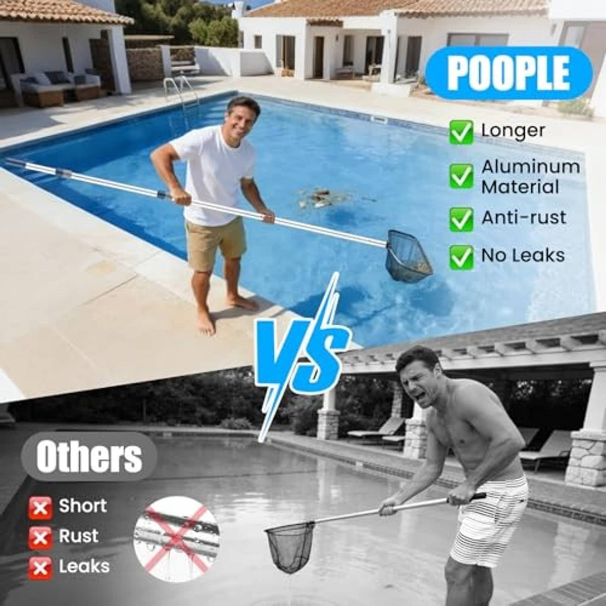 Telescopic pool pole with blue handle and silver aluminum shaft shown in use