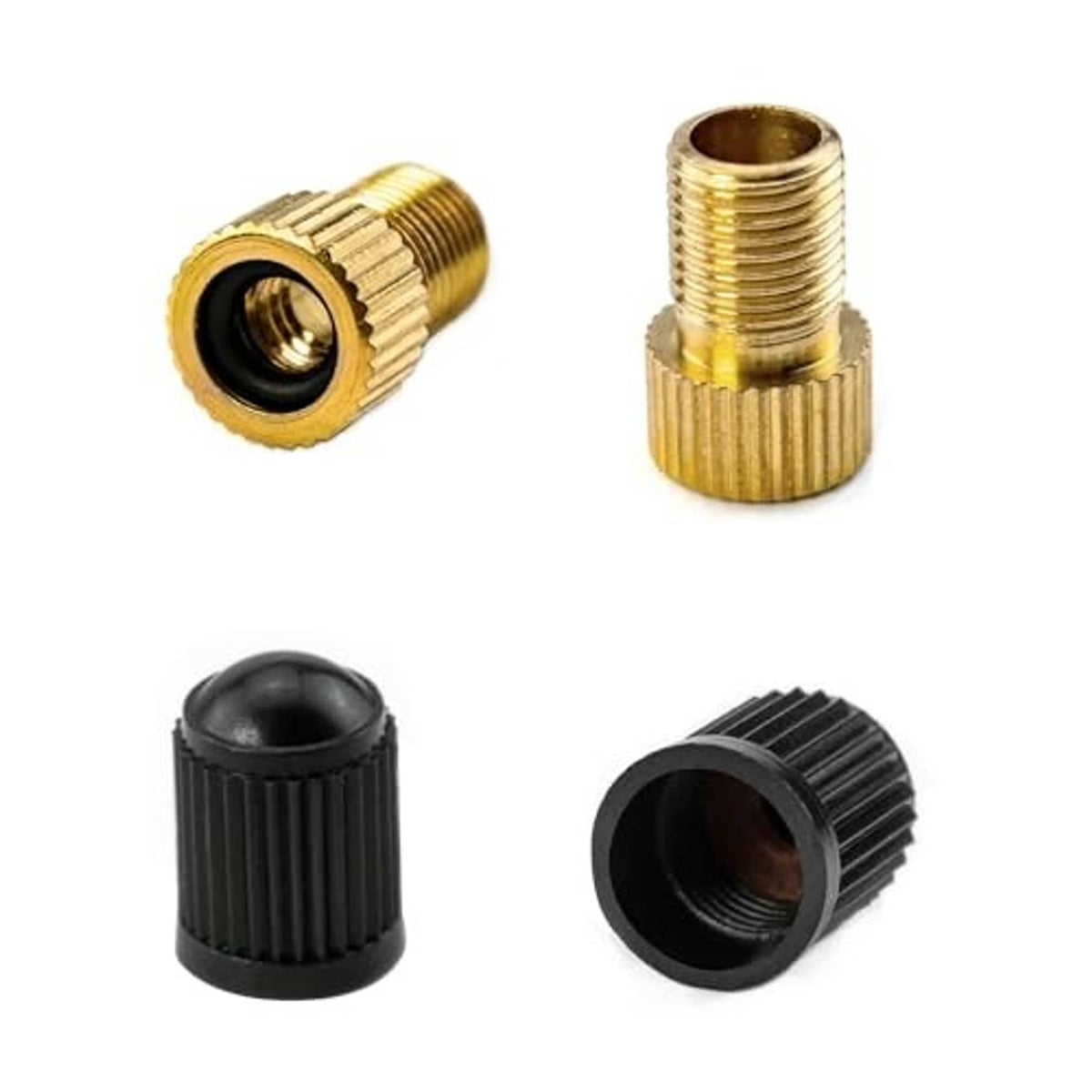 Pair of bike valve adapters: brass threaded sleeve and black cap for Presta-to-Schrader