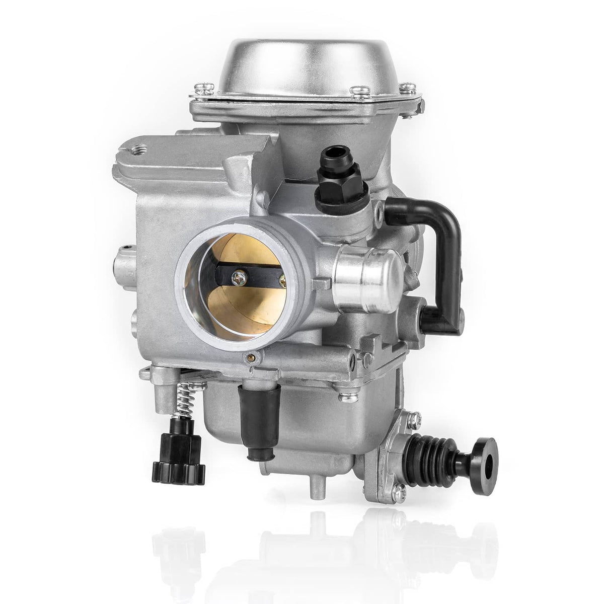 32mm ATV carburetor front view with air inlet bore and fuel outlet spigot