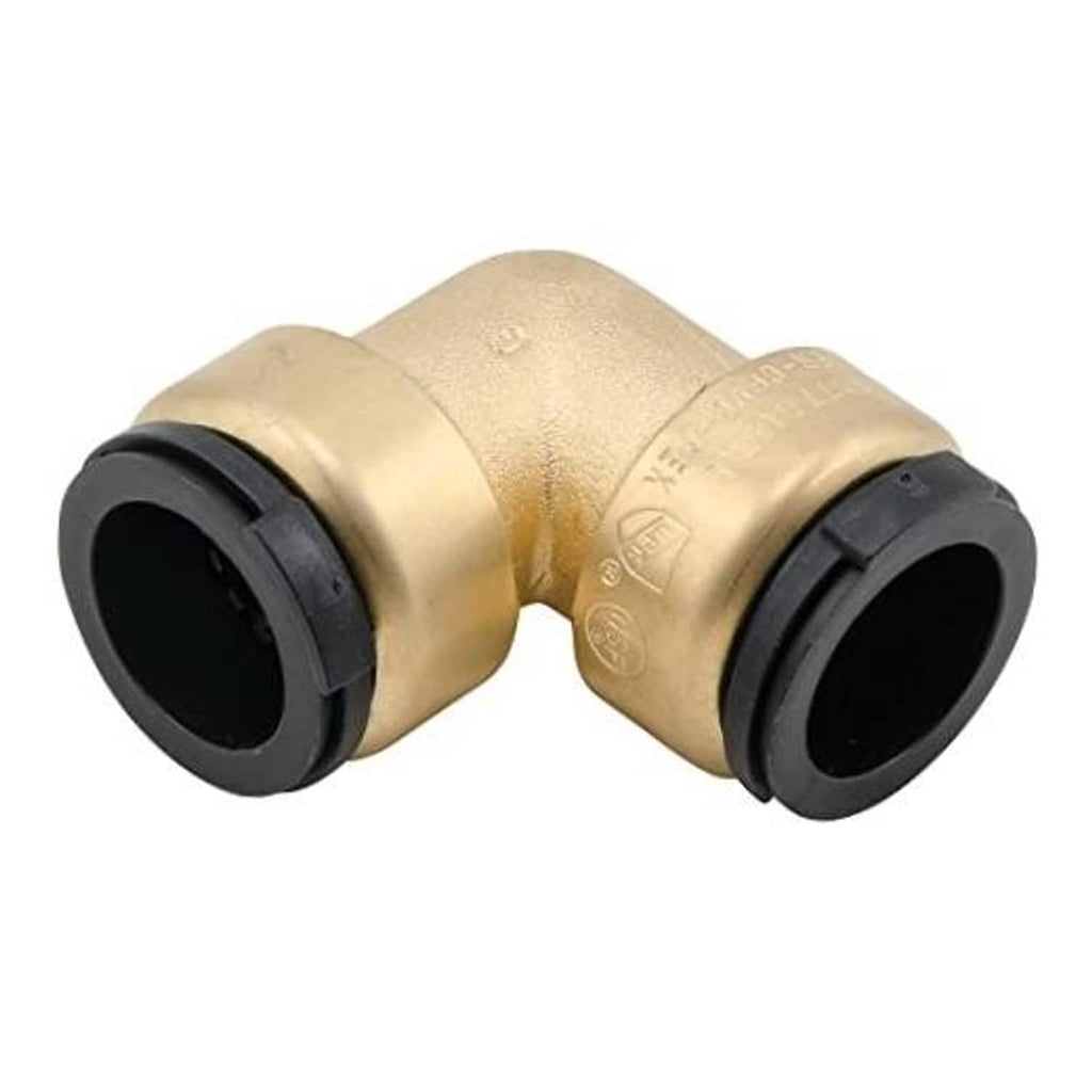 Brass 90-degree elbow fitting with black rubber seals, two 1 in CTS ends