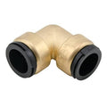 Brass 90-degree elbow fitting with black rubber seals, two 1 in CTS ends